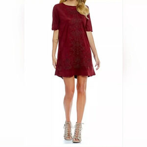 Miss Me Embroidered Faux Suede Red Wine Scalloped Hem Shift Dress